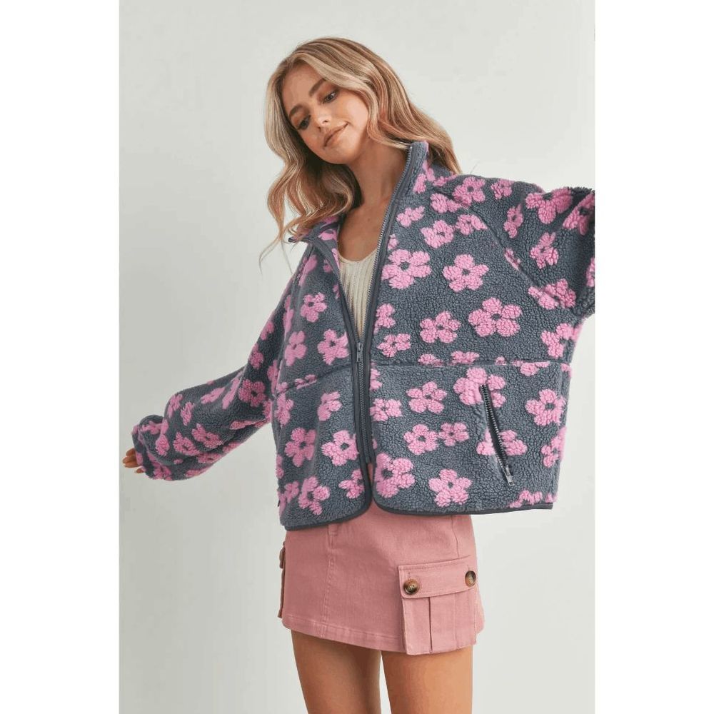 Trendy Flower Fleece Jacket Full Zip